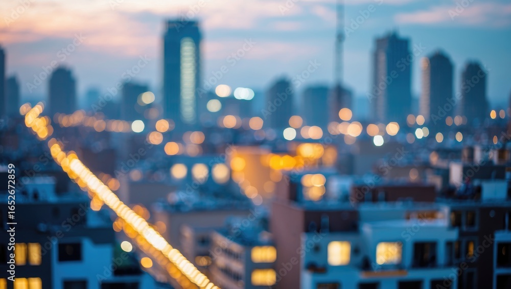 Out-of-focus cityscape featuring apartment complexes and aesthetic blur